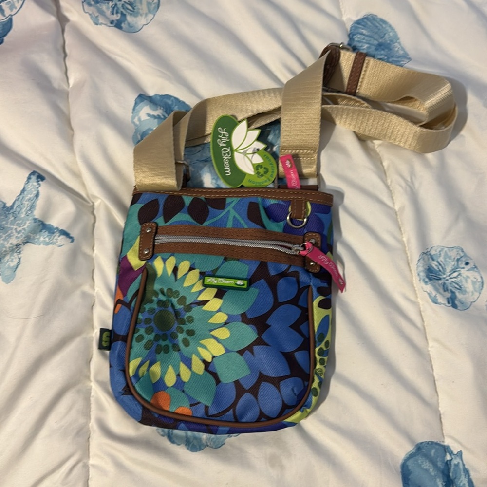 Lily Bloom Floral Crossbody Bag Blue Green Eco Friendly Adjustable Strap NWT